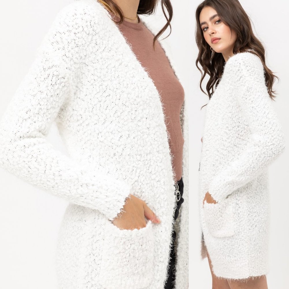 White Eyelash Popcorn Knit Long Cardigan Pockets - Picture 10 of 12
